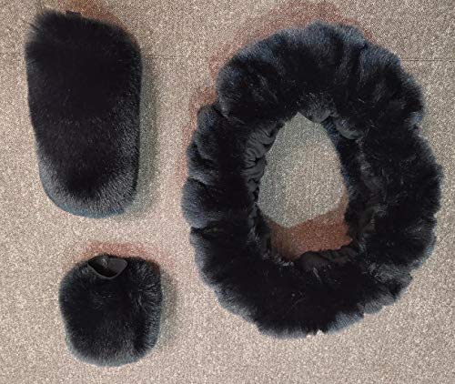 Winter Warm Fluffy Furry Fuzzy Car Steering Wheel Cover,Universal Fit Thickening Faux Rabbit Fur Plush Steering Covers+Gear Shift Cover and+Brake cover-3pcs Set (Black)