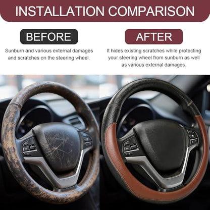 Car Steering Wheel Cover, Durable Leather Cover with Anti-Slip Lining, Microfiber PU Leather Elastic Steering Wheel Protector, Comfortable Non-Slip Steering Wheel Covers for Autos (Coffee) - color: Coffee