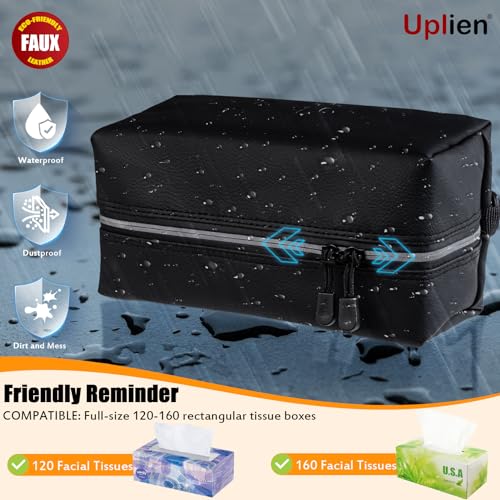 Car Tissue Holder for 120-160-230 Count Kleenex Facial Tissues Box - Waterproof Zipper Cover, Soft Black Leather with Adjustable Strap, Ideal for Car Seat Headrest, Console, Boat, Home (Uplien)