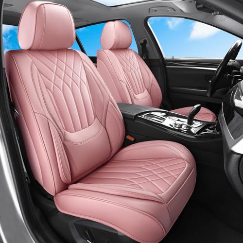 Pink Leather Car Seat Covers Front Seats, Luxury Automotive Seat Covers with Lumbar Support, Waterproof Pink Car Accessories Seat Protector Universal Fit for Most Cars Trucks Pick-ups SUVs - color: Pink, size: Front Pair