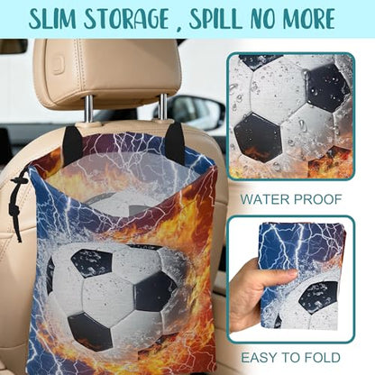 Car Garbage Bag Soccer Ball with Water and Fire Drawstring Car Trash Bag Hanging for Back Seat with Adjustable Buckle Canvas Vehicle Trash Can Easy-to-Install - color: Soccer Ball with Water and Fire