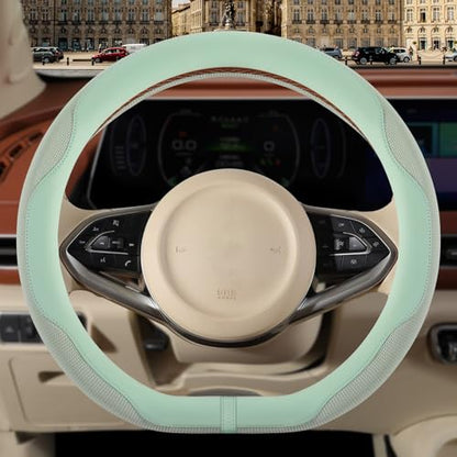 Nappa Leather Green D Shape Steering Wheel Cover, Advanced Microfiber Leather Non-Slip Breathable Fabric, Warm in Winter and Cool in Summer, Universal 15 inch - color: Green, size: D Shape-M[14.5''-15'']