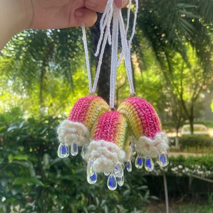 Cute Rainbow Car Mirror Hanger - Crochet Hand Knitted Rear View Mirror Accessory - color: Rainbow