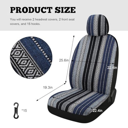 4PCS Baja Saddle Blanket Car Seat Covers, Front Set Breathable Washable Seat Covers with Seatbelt Pad, Striped Woven Cloth Airbag Compatible Seats Protector for Most Vehicles (Blue Stripe) - color: Blue Stripe