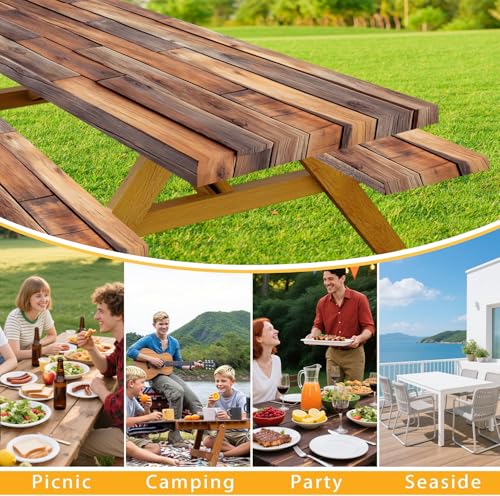 Rustic Wood Picnic Table Cover with Bench Covers Waterproof Windproof Elastic Fitted Outdoor Camping RV Tablecloths with Drawstring Bag Reusable Rectangle Rectangle Tables and Seats Cover 30X72IN - color: Brown, size: 30" x 72" (Rectangular)