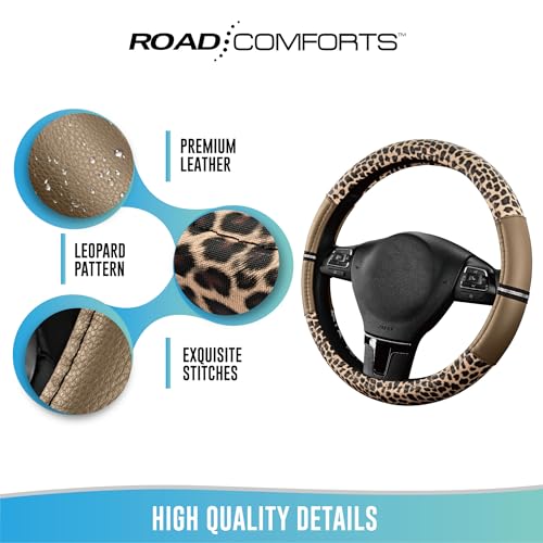 Road Comforts Leopard Steering Wheel Cover for Women, Cute Anti-Slip Microfiber Leather, Universal Fit 14.5-15 Inch Round Steering Wheel - Beige - color: Round Beige