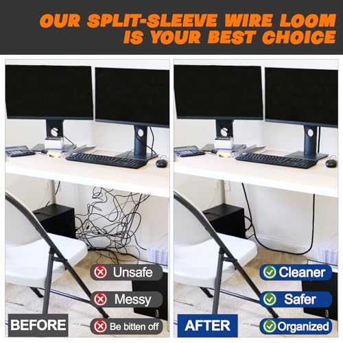 Split Braided Sleeve Cable Management Wire Loom Cord Covers for High-Temperature Automotive Harness and Home Cable Management, 25ft - 3/8 inch Self-Wrapping Tubing Cord Protector - size: 3/8"-25 Feet