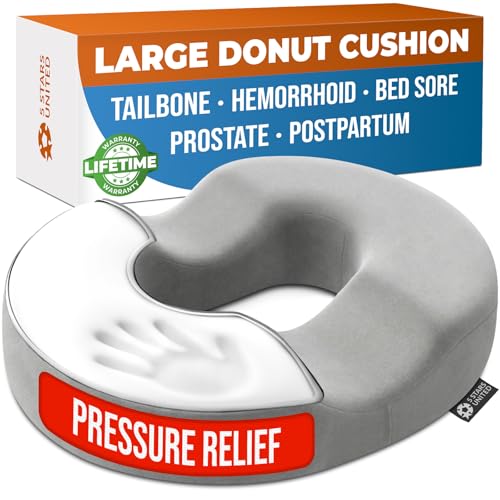5 STARS UNITED Donut Pillow for Tailbone Pain & Hemorrhoids – Large Memory Foam Seat Cushion for Bed Sore-Prone Areas & Pressure Relief – Prostate, Postpartum & Pregnancy Support, Premium Gray Suede - color: Gray Suede