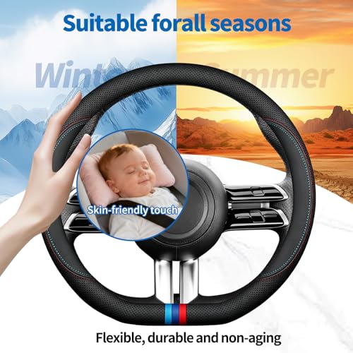 D-Shaped Car Steering Wheel Cover Flat Bottom for Mercedes Benz GLE 350 450 GLC 300 C300 E300 E350 GLS CLA 250 EQB EQE AMG GT Class Accessories, Breathable Nappa Leather, 14.5-15 Inches - size: Round