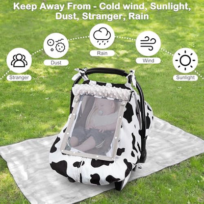FIOBEE Baby Car Seat Cover, Car Seat Covers for Babies Infant Car Seat Canopy with Breathable Mesh Window Waterproof Carseat Cover for Babies Boy Girl 4 Seasons, White/Cow