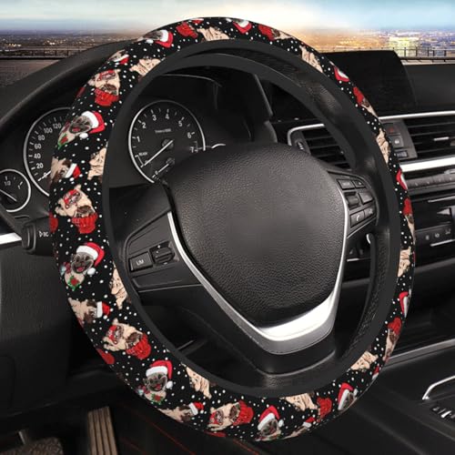 Christmas Xmas Style Santa Cute Funny Pug Cute Dog Black and White Car Steering Wheel Cover,Non-Slip Elastic Neoprene-Sweat Car Accessories,Universal 15 Inch Fit Auto, Vans Trucks,Suvs, Truck - color: Funny Pug