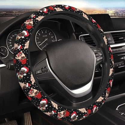 Christmas Xmas Style Santa Cute Funny Pug Cute Dog Black and White Car Steering Wheel Cover,Non-Slip Elastic Neoprene-Sweat Car Accessories,Universal 15 Inch Fit Auto, Vans Trucks,Suvs, Truck - color: Funny Pug
