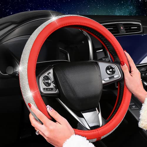 Bling Diamond Leather Steering Wheel Cover for Women Girls with Crystal Rhinestones, Universal Fit 14.5-15 Inch Car Steering Wheel Cover Accessories - color: Red