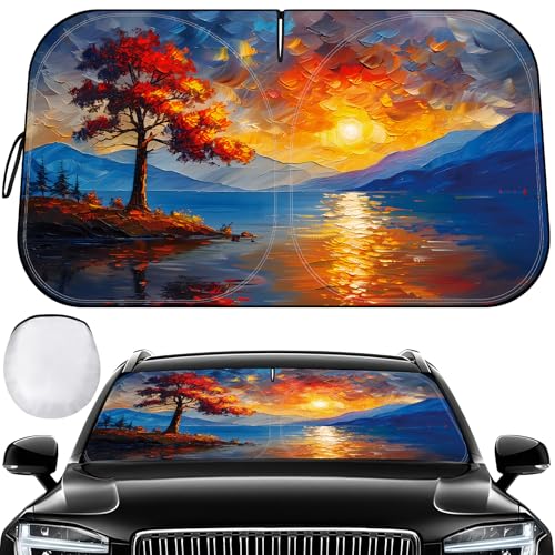 Windshield Sun Shade - Car Sun Shade Windshield, Reflector Sunshade Offers Ultimate Protection for Car Interior - color: Sunset & Tree(57"x32")