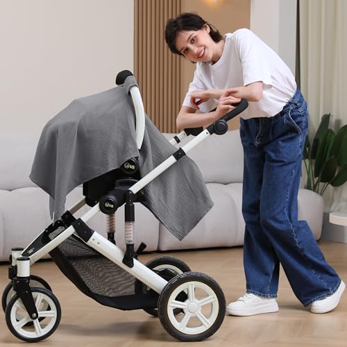 100% Muslin Cotton Car Seat Cover Baby, Carseat Canopy Cover, Universal Fit Stroller Covers for Boys and Girls (Grey) - color: grey