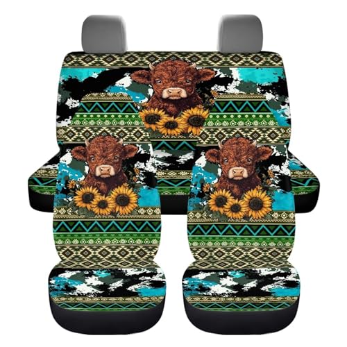 Howilath Aztec Sunflower Highland Cow Car Seat Cover Full Set 4-Piece Universal Fit Front & Rear Bench Car Seat Covers Auto Accessories Fit SUV Sedan Van - color: Aztec Sunflower Highland Cow
