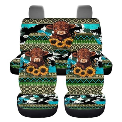 Howilath Aztec Sunflower Highland Cow Car Seat Cover Full Set 4-Piece Universal Fit Front & Rear Bench Car Seat Covers Auto Accessories Fit SUV Sedan Van - color: Aztec Sunflower Highland Cow