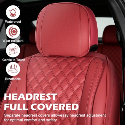 Car Seat Covers Full Set, Red Faux Leather Seat Protectors, Breathable with Lumbar Support, Wear-Resistant Universal Fit for Most Cars Trucks SUV