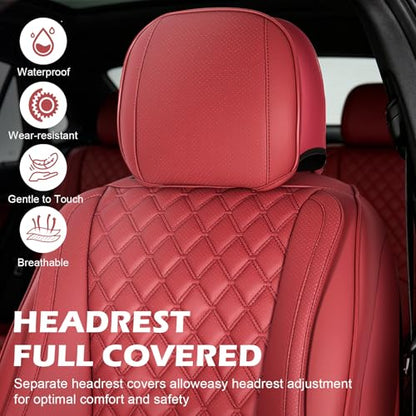 Car Seat Covers Full Set, Red Faux Leather Seat Protectors, Breathable with Lumbar Support, Wear-Resistant Universal Fit for Most Cars Trucks SUV