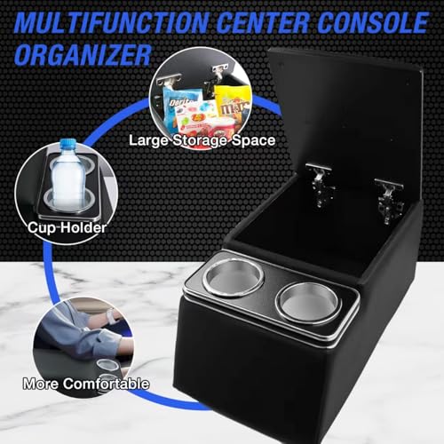Universal Truck Seat Organizer with Cup Holders, Rear Bench Seat Center Consoles with Armrest Middle Storage Box, Padded Top Lid for Armrest, Black