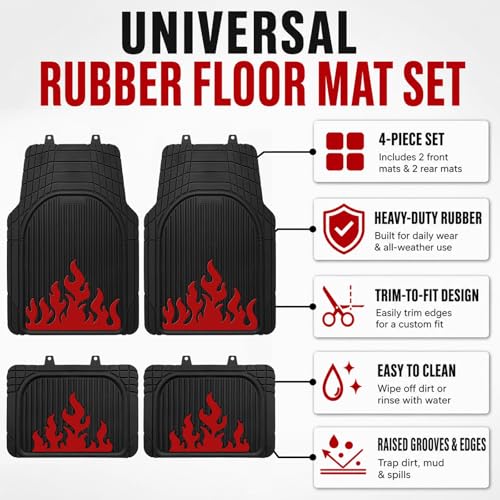 Heavy Duty Rubber Car Mats Flame Design (Inferno Red), 4-Piece Deep Waterproof Floor Mats Set (Front & Rear Full Set), All Weather Universal Trim to Fit Automotive SUV Sedan Truck - color: Inferno Red, size: Flame