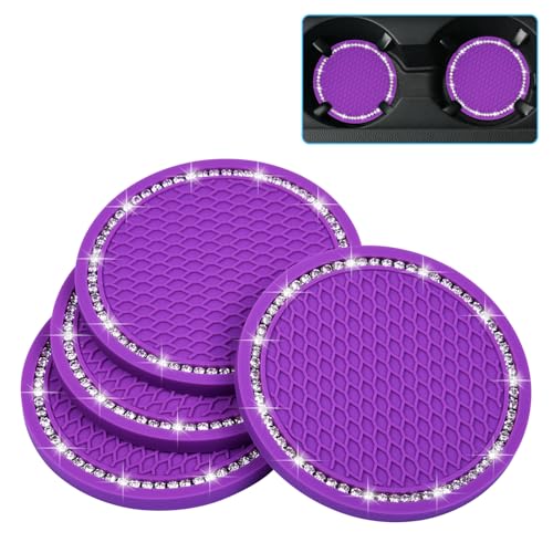 Bling Car Coasters, Wisdompro 4 Pack PVC Car Cup Holder Insert Coaster - Anti Slip Universal Vehicle Interior Accessories Crystal Glitter Cup Mats for Women and Men (2.75" Diameter, Purple) - color: Purple
