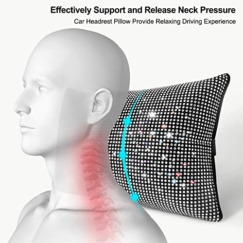 surpassme 2PCS Rhinestone Car Headrest Neck Pillow for Driving with Bling Bling Crystal Bow Pillow Car Accessories for Women (Silver/White)