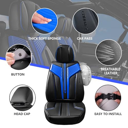 CAR PASS Nappa Leather Seat Covers, Breathable Waterproof Car Seat Covers Full Set, Luxury Leather Front and Back Seats Full Coverage, Universal Fit SUV Pick-up Truck Sedan Automotive(Black Blue) - color: Black Blue, size: Full Set Full Coverage