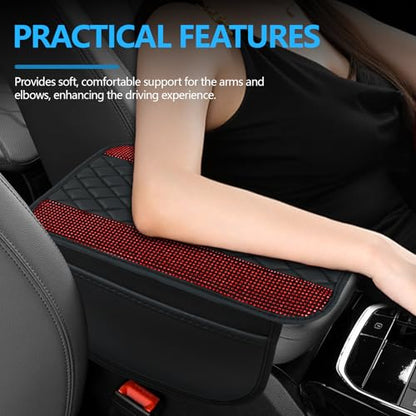 Bling Leather Car Center Console Cover, 12.2"×7.48" Crystal Rhinestone Automotive Arm Rest Cover with Side Pockets, Universal Vehicle Armrest Protector, Interior Car Accessories (Red) - color: Red