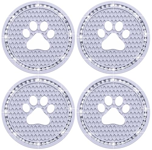 4PCS Bling Car Cup Holder Coaster, Universal Dog/Cat Paw Auto Non-Slip Crystal Rhinestone Cup Holder Coaster, 2.75In Universal Non-Slip Recessed Car Interior Accessories (Gray & White) - color: Gray & White, size: 4 pcs