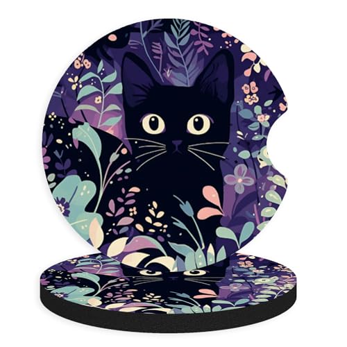 2pcs Cute Black Cat Car Coasters,Absorbent Universal neoprener Cup Holder Coasters with a Finger Notch,Car Accessories for Women&Man Interior，2.75" 1 - color: Cute Black Cat 1