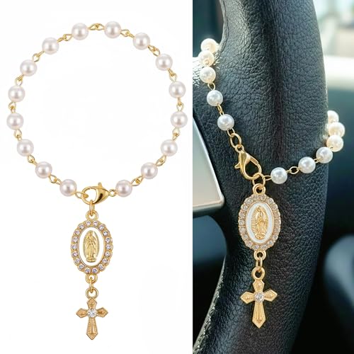 Steering Wheel Rosary Charm Accessory, Cross Steering Wheel Charm, Cross for Car, Car Rosary for Rearview Mirror, Auto Rear View Mirror Protection Charms Decor, Religious Catholic Gift