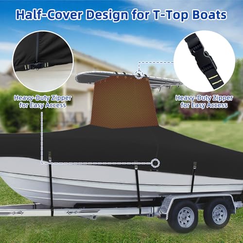 Marine Grade Waterproof Center Console Boat Cover with T Top Roof, Tear Resistant Trailerable Storage Covers, All-Weather Protection T-Top Boat Cover 20-22 ft, Beam Width Up to 106", Black - color: Black, size: 20'-22'Long (Beam width up to 106'')