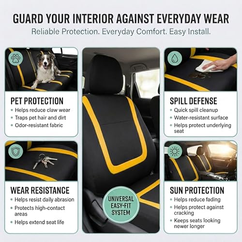 FH Group Car Seat Covers Unique Flat Cloth Full Set Automotive Seat Covers Front Set and Rear Solid Bench Yellow Black Seat Covers w. Gift Universal Fit Interior Accessories for Cars Trucks and SUVs - color: Yellow
