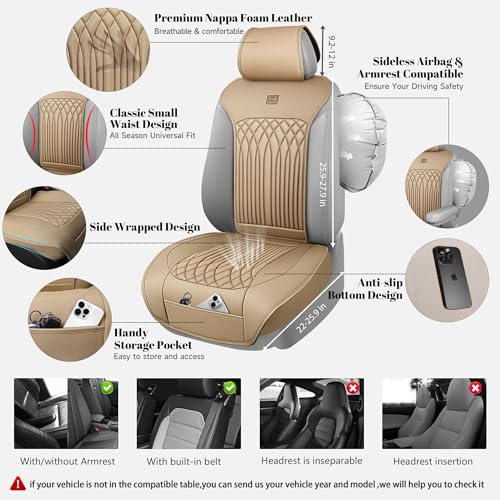 CAR PASS Car Seat Protector, 2 Pack Sideless Nappa Leather Seat Covers for Cars, All Season Waterproof Breathable Front Seats Cushion with Storage Pocket Universal Fit Vehicle Car SUV Truck, All Beige - color: Beige
