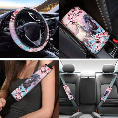 12 Pcs Pink Cherry Blossom Horse Car Seat Covers Full Set,Car Protectors,Universal Fit Front Back Seat Cushion/Seatbelt/Steering Wheel Cover/Anti Slip Coaster/Keychains for Cars SUV Truck