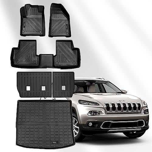 Vanseno Floor mats & Cargo Liners and Backrest Mat Compatible for 2014-2023 Jeep Cherokee (No Latittude) Full Set Mat All Weather Rubber Mats (Rear Trunk Mat+Backrest Mat+Floor Mat) - color: Floor Mats+Backrest Mat+Cargo Mat