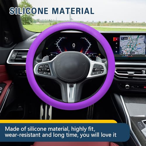 Car Steering Wheel Cover, 13 to 14.17 inches Non-Slip Silicone Steering Wheel Protector, Car Accessories Thin Soft Leather Texture Steering Wheel Protective Cover for Most Cars (Purple) - color: Purple