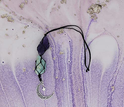 BOHO GARDEN Hanging Car Charm - Amethyst & Amazonite - Dangling Moon & Healing Crystal Accessories, Rearview Mirror Decorations - Balance, Intuition, Spirituality, Self-Love, Honesty, Clarity, Energy