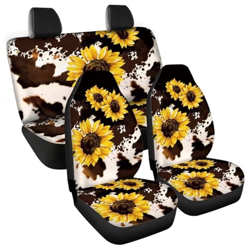 Howilath Cows Sunflowers Print Car Seat Covers Full Set(4 Pack),Split Front Seat and Rear Back Bench Covers Universal for Most Cars Trucks Suvs - color: Cows Sunflowers