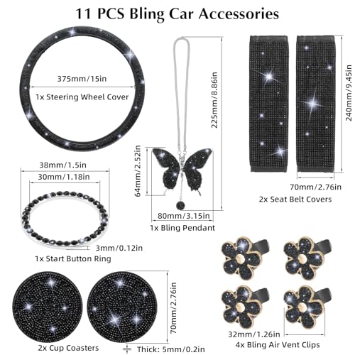 ARTILAURA 11 PCS Bling Car Accessories Set for Women Steering Wheel Covers Butterfly Hanging Seat Belt Cover Air Vent Clips Coasters Cute Glitter Diamond AUTO Accessories Kit (Black) - color: Black