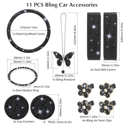 ARTILAURA 11 PCS Bling Car Accessories Set for Women Steering Wheel Covers Butterfly Hanging Seat Belt Cover Air Vent Clips Coasters Cute Glitter Diamond AUTO Accessories Kit (Black) - color: Black