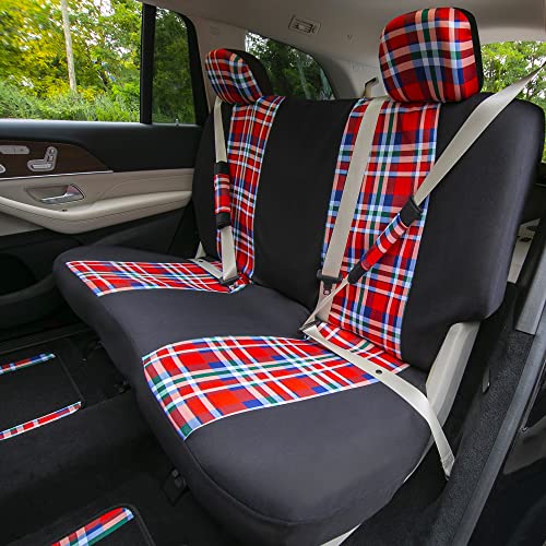 FH Group Full Set Plaid Print Cloth Car Seat Covers Combo Set with Carpet Floor Mats, Universal Fit, Washable Seat Cover for SUV, Sedan, Red - color: Red