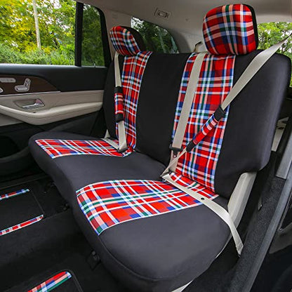 FH Group Full Set Plaid Print Cloth Car Seat Covers Combo Set with Carpet Floor Mats, Universal Fit, Washable Seat Cover for SUV, Sedan, Red - color: Red