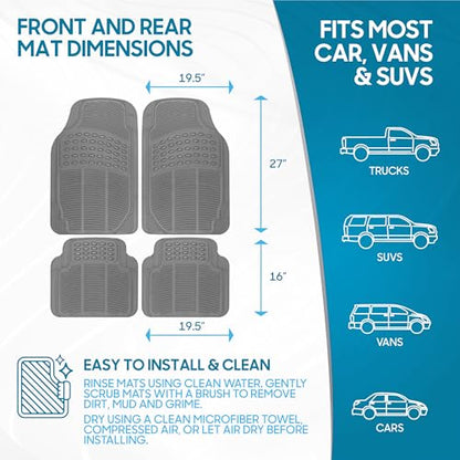 BDK 3-Piece Gray Rubber Floor Mats (Front + Rear), Heavy Duty Universal Fit Liners for Cars SUVs Trucks Vans, All Weather Protection Anti-Slip Nibs, Flexible Contours Fits Most Vehicles