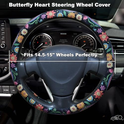 Rainbow Flowers Floral Steering Wheel Cover for 14.5-15 Inch Wheels, Premium Fabric with Non-Slip Rubber Inner Ring (Rainbow)