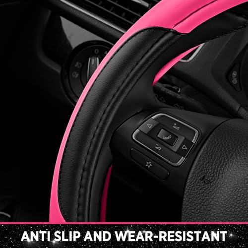 Road Comforts Leather Steering Wheel Cover - Made with PVC Leather - Anti-Slip, Universal Fit 14 1/2 inches to 15 inches - Hot Pink - color: Hot Pink