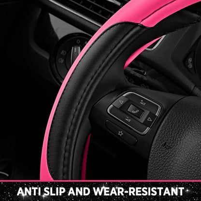 Road Comforts Leather Steering Wheel Cover - Made with PVC Leather - Anti-Slip, Universal Fit 14 1/2 inches to 15 inches - Hot Pink - color: Hot Pink