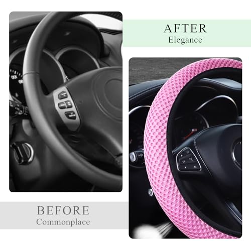 Yourkar Elastic Steering Wheel Cover, 15"×15" Comfy Breathable Stretch Steering Wheel Protector, Ice-Silk Cloth Polyester Steering Wheel Cover for Men Women, Car Accessories (Pink) - color: Pink