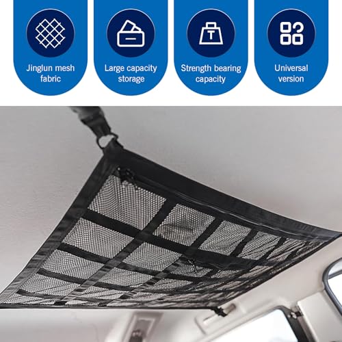 WZP Car Ceiling Cargo Net, 31.5" x 20.9" Double-Layer Mesh Car Roof Storage Ceiling Cargo Net with Adjustable D-Buckle, Universal Auto Accessories for SUVs, Road Trips, Camping Essentials